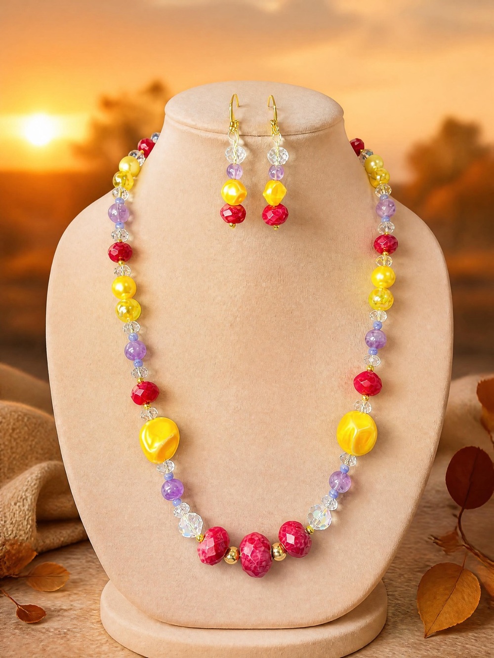 “The Golden Hour” Artisan Lucite, Amethyst and Agate Necklace Set